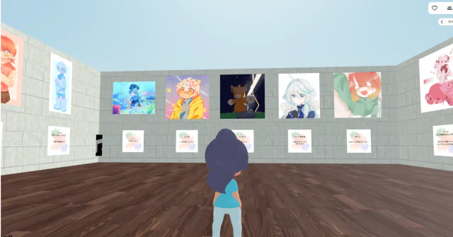 作品が壁に並ぶメタバースの展示室