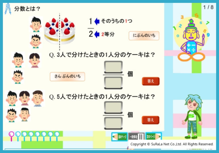 すららの算数学習画面。ケーキの図とキャラクターを使って分数の意味を説明しています